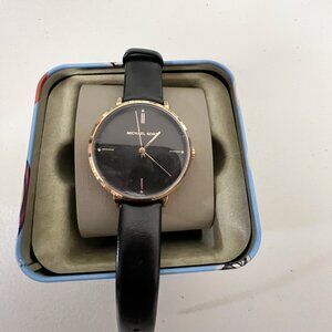 Michael Kors MK7101 Jayne Three-Hand Rose Gold-Tone and Black Leather Watch